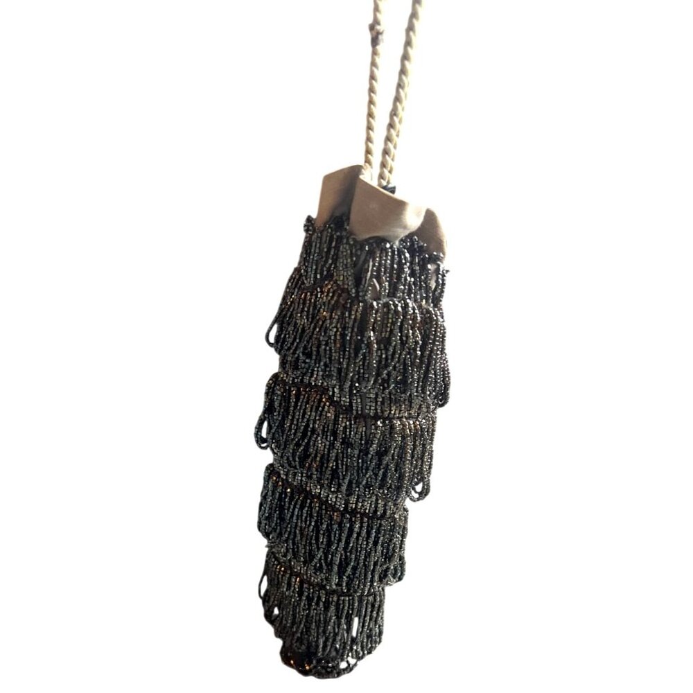Antique Beaded Drawstring Pouch Czechoslovakia Black Glass Beads Rope Handle - Picture 2 of 3